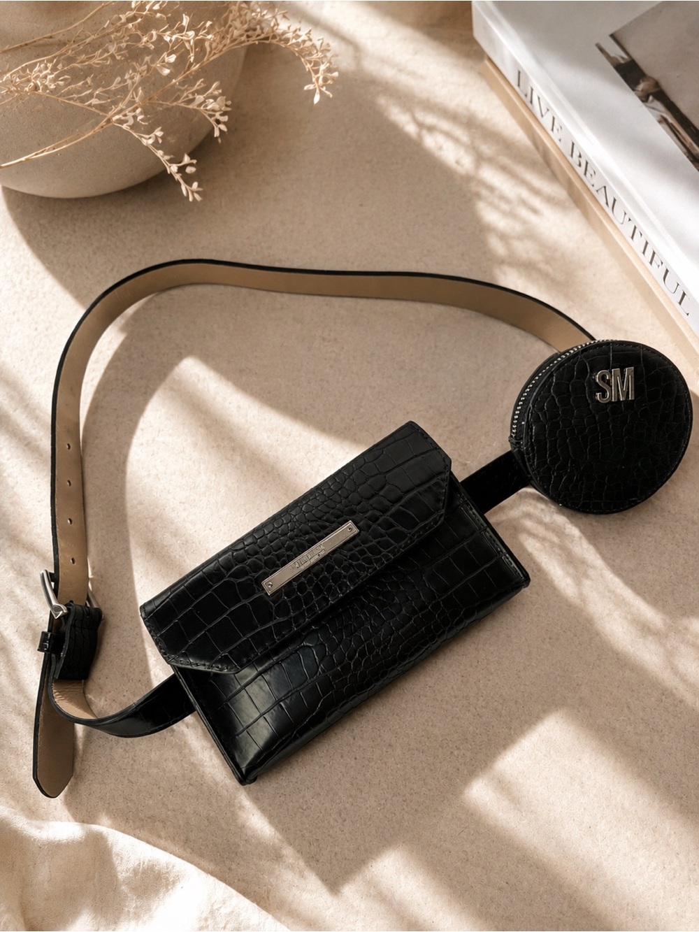 Steve Madden Black Croc-Embossed Crossbody Belt Bag with Coin Pouch